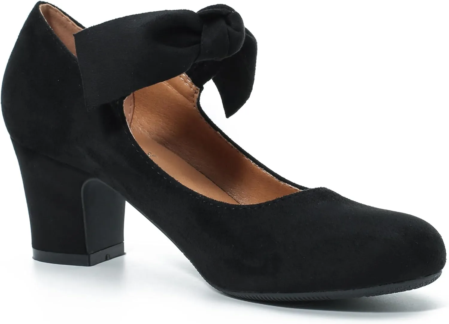Women's Bow Mary Jane Block Heel Pumps Closed Round Toe Low Chunky Heels Ankle Strap Wedding Dress Evening Party Shoes