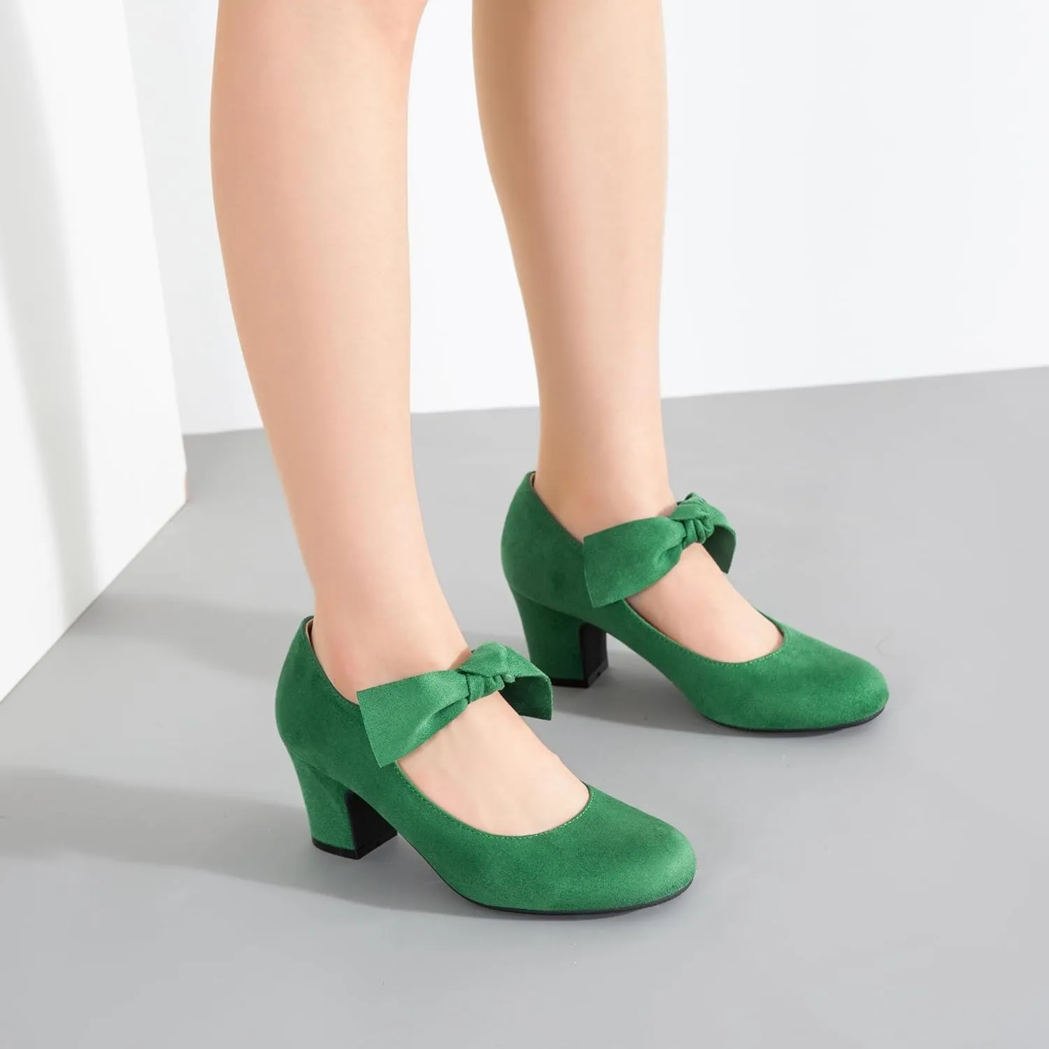 Women's Bow Mary Jane Block Heel Pumps Closed Round Toe Low Chunky Heels Ankle Strap Wedding Dress Evening Party Shoes