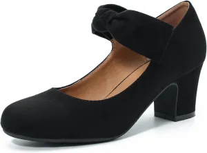 Women's Bow Mary Jane Block Heel Pumps Closed Round Toe Low Chunky Heels Ankle Strap Wedding Dress Evening Party Shoes