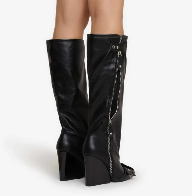 Women's Buckle Detail Square Toe Wedge Heel Knee High Long Boot﻿ Senna