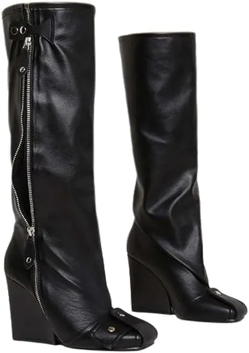 Women's Buckle Detail Square Toe Wedge Heel Knee High Long Boot﻿ Senna