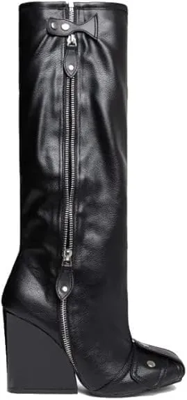 Women's Buckle Detail Square Toe Wedge Heel Knee High Long Boot﻿ Senna