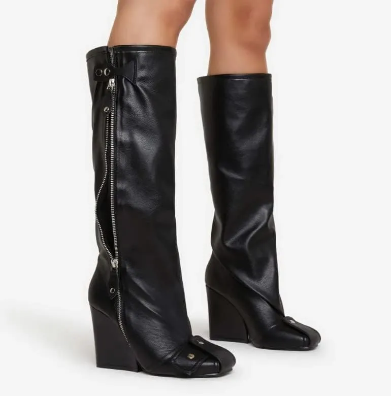 Women's Buckle Detail Square Toe Wedge Heel Knee High Long Boot﻿ Senna