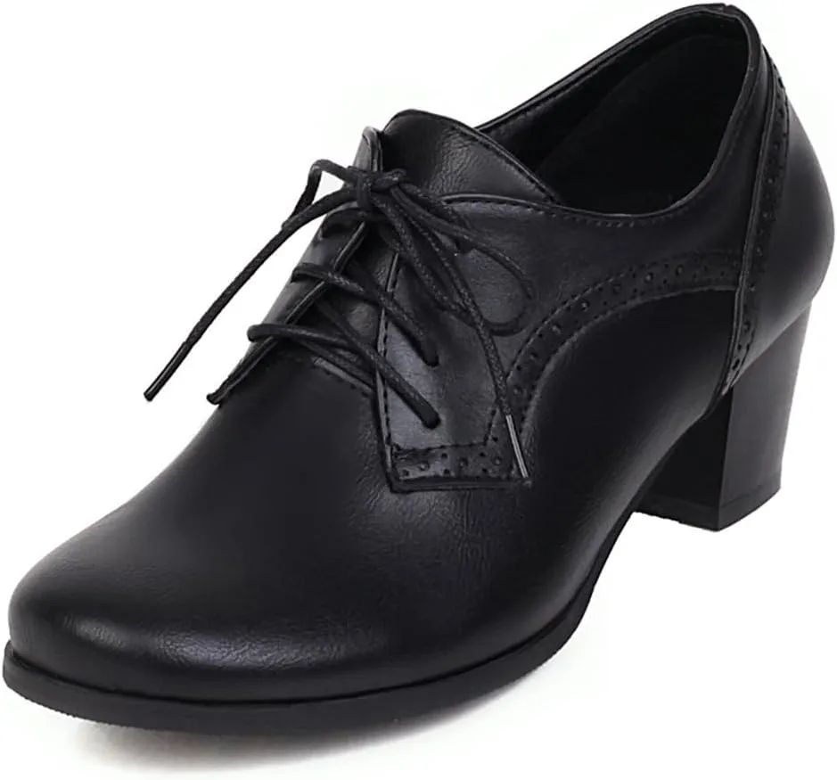 Women's Closed Toe Chunky Block Heel Oxfords Wingtip Lace Up Mid Heel Pumps Vintage Brogue Dress Shoes