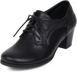 Women's Closed Toe Chunky Block Heel Oxfords Wingtip Lace Up Mid Heel Pumps Vintage Brogue Dress Shoes