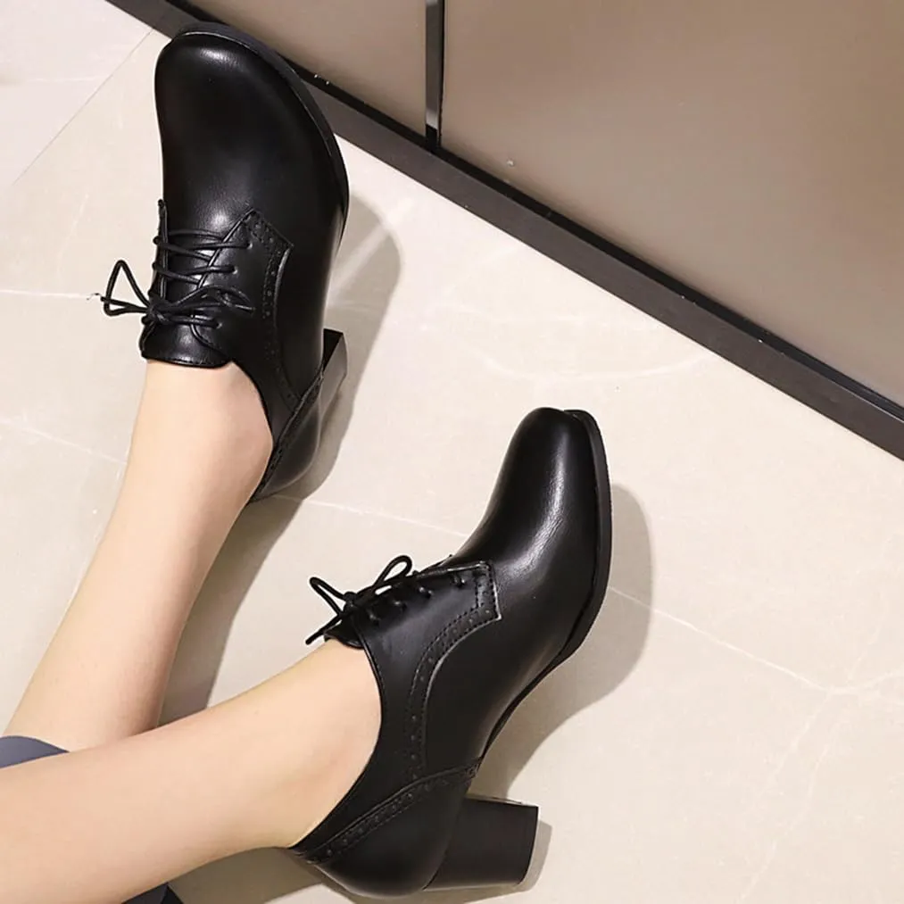 Women's Closed Toe Chunky Block Heel Oxfords Wingtip Lace Up Mid Heel Pumps Vintage Brogue Dress Shoes