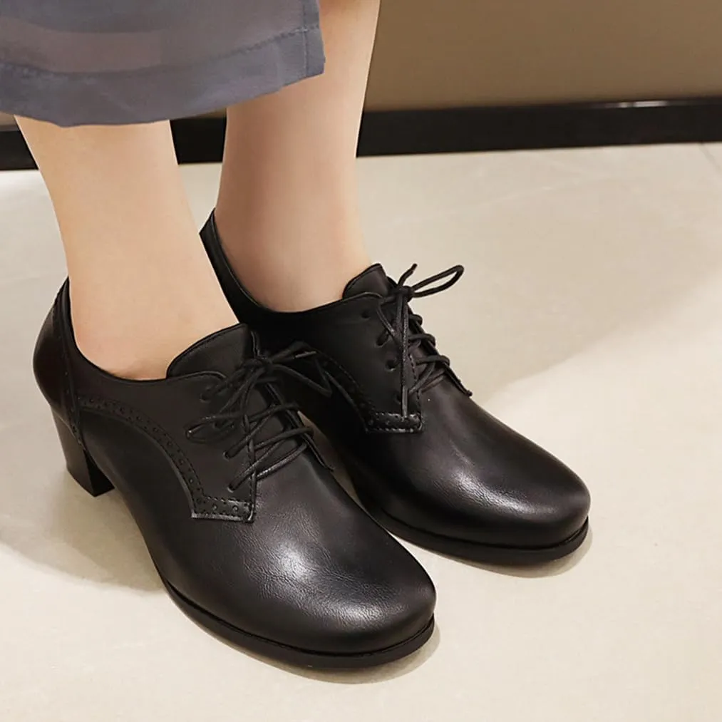 Women's Closed Toe Chunky Block Heel Oxfords Wingtip Lace Up Mid Heel Pumps Vintage Brogue Dress Shoes