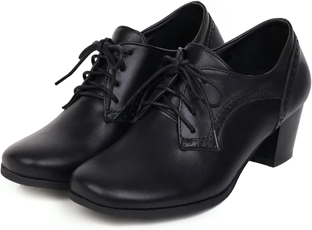 Women's Closed Toe Chunky Block Heel Oxfords Wingtip Lace Up Mid Heel Pumps Vintage Brogue Dress Shoes