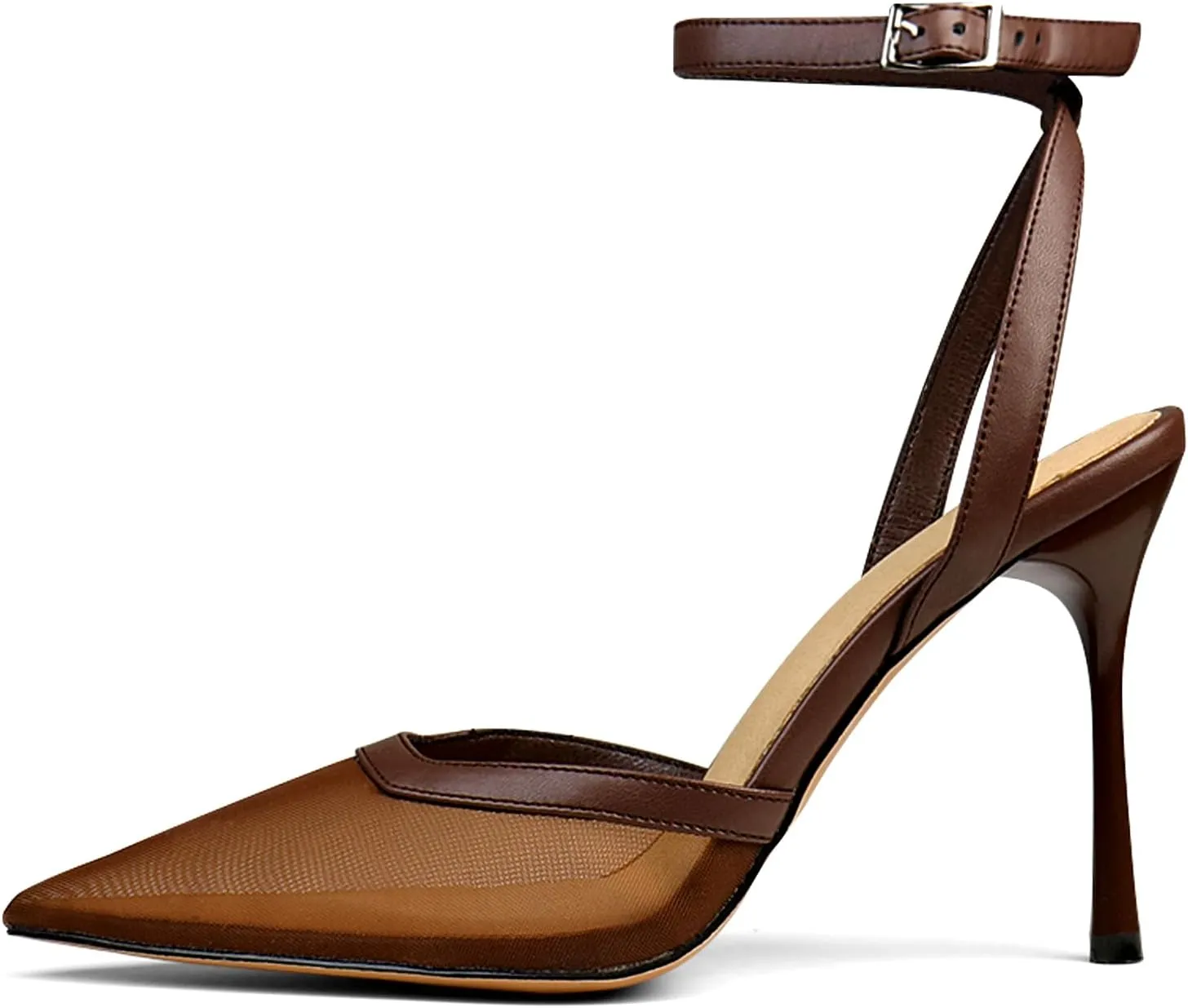 Women's Closed Toe Heeled Sandals Ankle Buckle Strap Mesh Shoes Funky Cowhide Pointed Dresses
