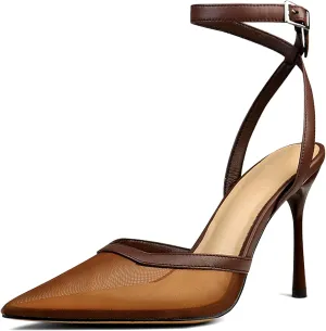 Women's Closed Toe Heeled Sandals Ankle Buckle Strap Mesh Shoes Funky Cowhide Pointed Dresses