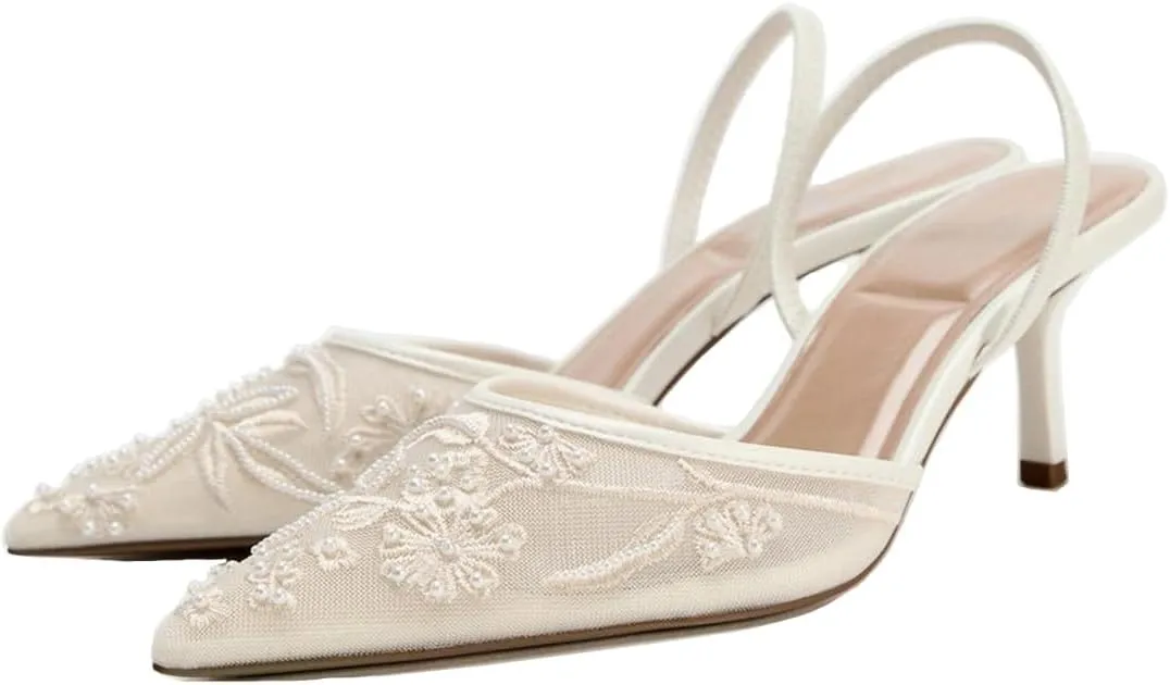 Women's Embroidered Mesh Slingback Pumps with Pointed Toe & Thin Heels - Elastic Strap Dress Shoes for Women Perfect for Parties & Formal Events for Women