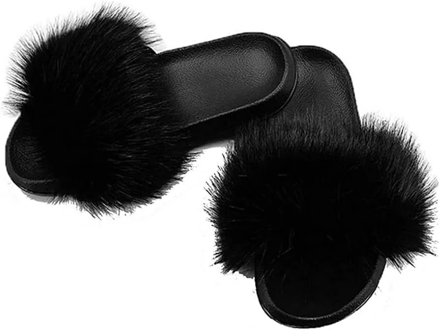 Women's Faux Fox Fur Slide Slipper Sandal Soft Furry Lovely Indoor Outdoor Open Toe Single Strap Slip On Slippers Sandals Multicolor