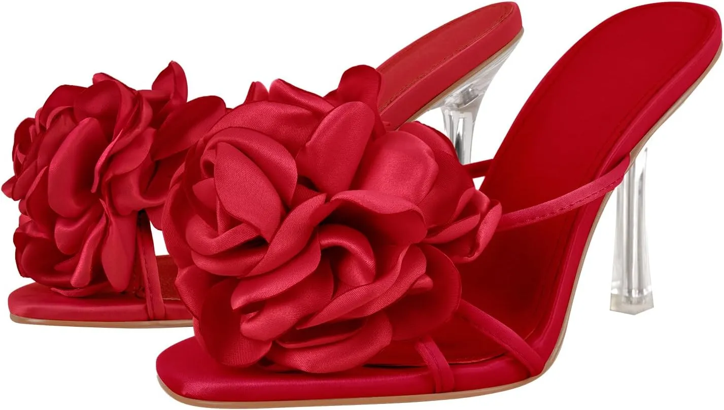 Women's Flower Sandals Medium Low Kitten Heel Transparent Stiletto Heel Square Toe Slipper