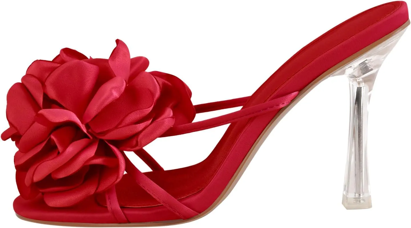 Women's Flower Sandals Medium Low Kitten Heel Transparent Stiletto Heel Square Toe Slipper