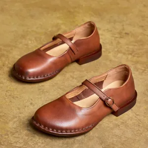 Women's Handmade Vintage Round Toe Leather Durable Ballet Mary Jane Shoes