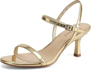 Women's Heels Round Open Toe Strappy Sandals Adjustable Ankle Strap Dress Shoes Kitten Heels for Party Wedding