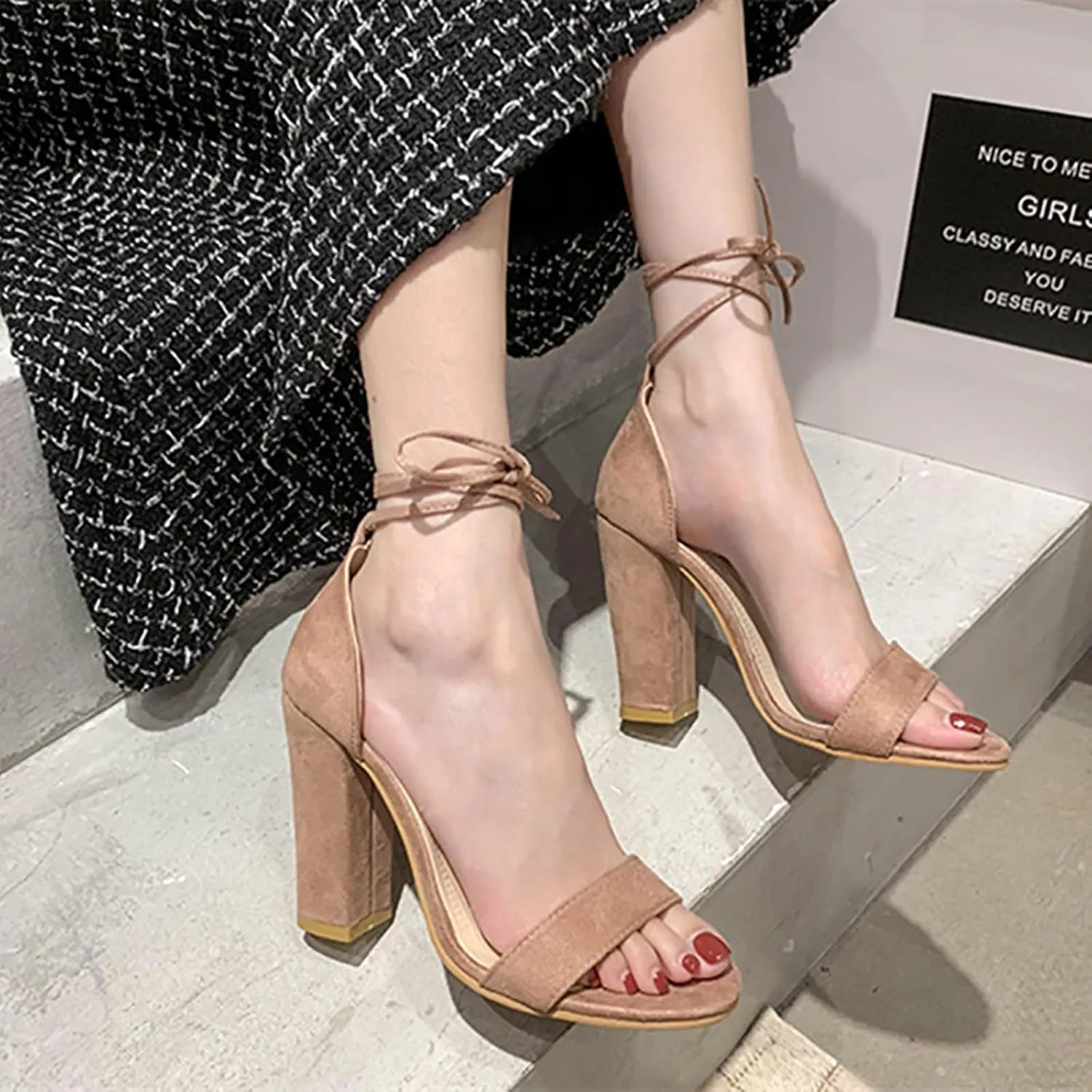 Women's Hi-Chunk High Heel Pump Sandals Open Toe Block Heeled Dress Ankle Strap Wedding Sandals
