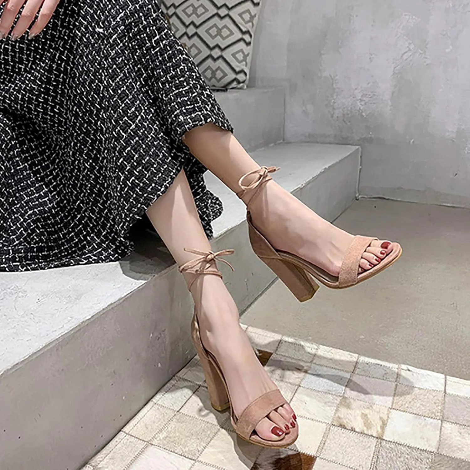 Women's Hi-Chunk High Heel Pump Sandals Open Toe Block Heeled Dress Ankle Strap Wedding Sandals