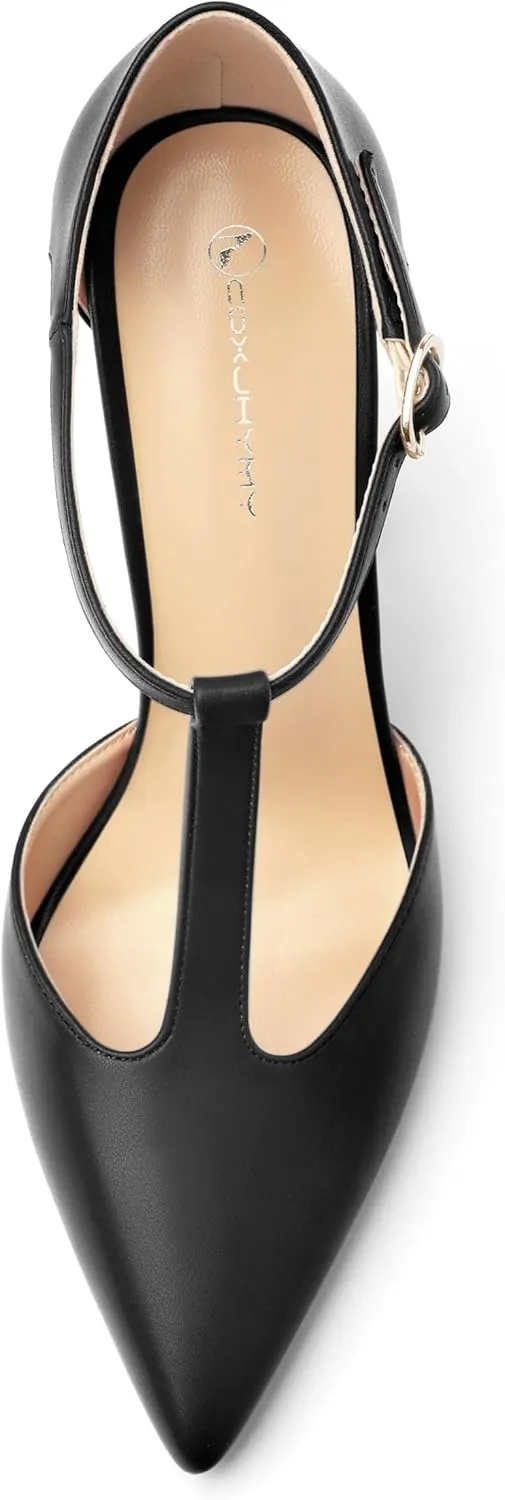 Women's High Heel Pumps, Simple Classic T-Strap Pointed Toe Dress Shoes,Party Dress Sandals3.9