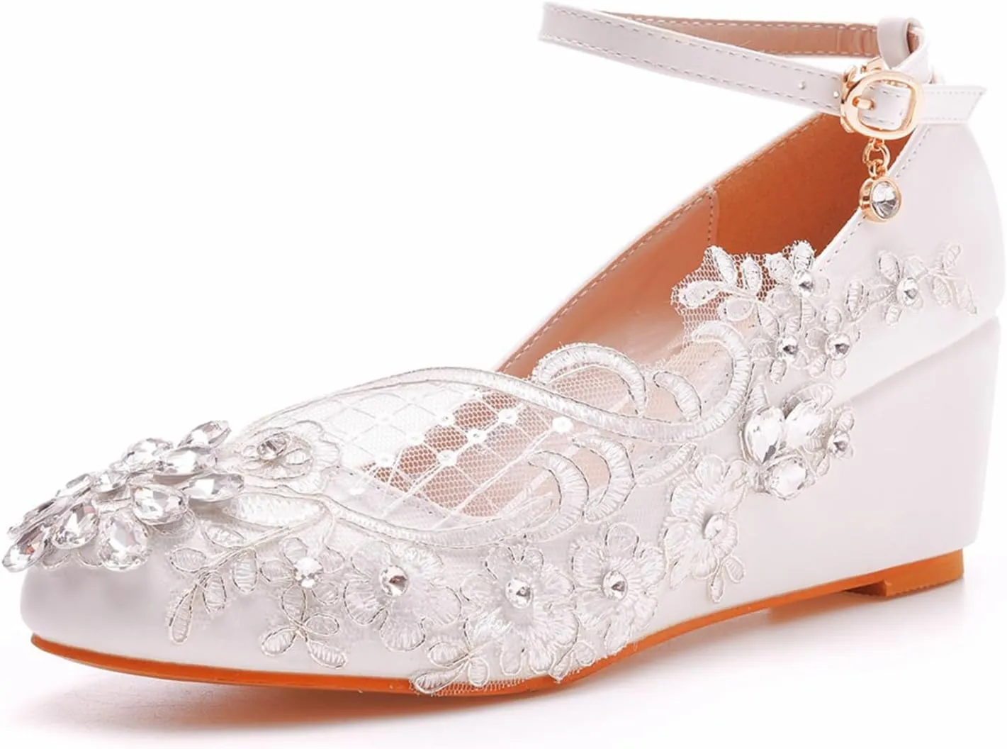 Women's High Heels, 5 Cm White Bridal Shoes Lace Flowers Wedge Heel Wedding Dress Pumps Shallow Mouth Ankle Buckle Round Toe Single Shoes, 39 EU,White