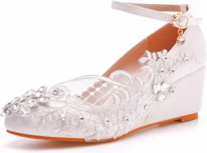 Women's High Heels, 5 Cm White Bridal Shoes Lace Flowers Wedge Heel Wedding Dress Pumps Shallow Mouth Ankle Buckle Round Toe Single Shoes, 39 EU,White