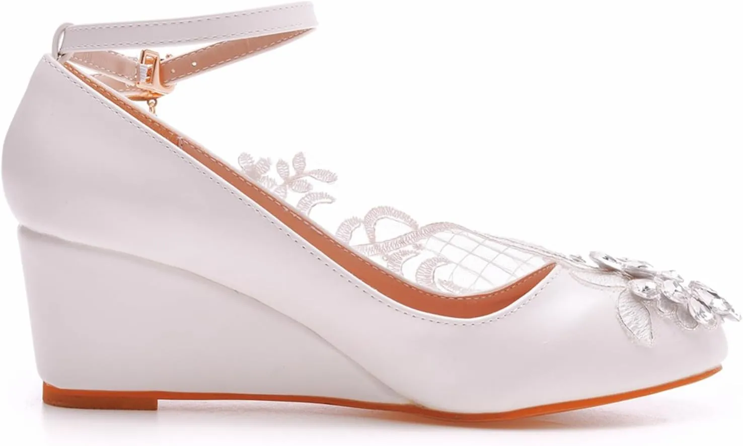 Women's High Heels, 5 Cm White Bridal Shoes Lace Flowers Wedge Heel Wedding Dress Pumps Shallow Mouth Ankle Buckle Round Toe Single Shoes, 39 EU,White