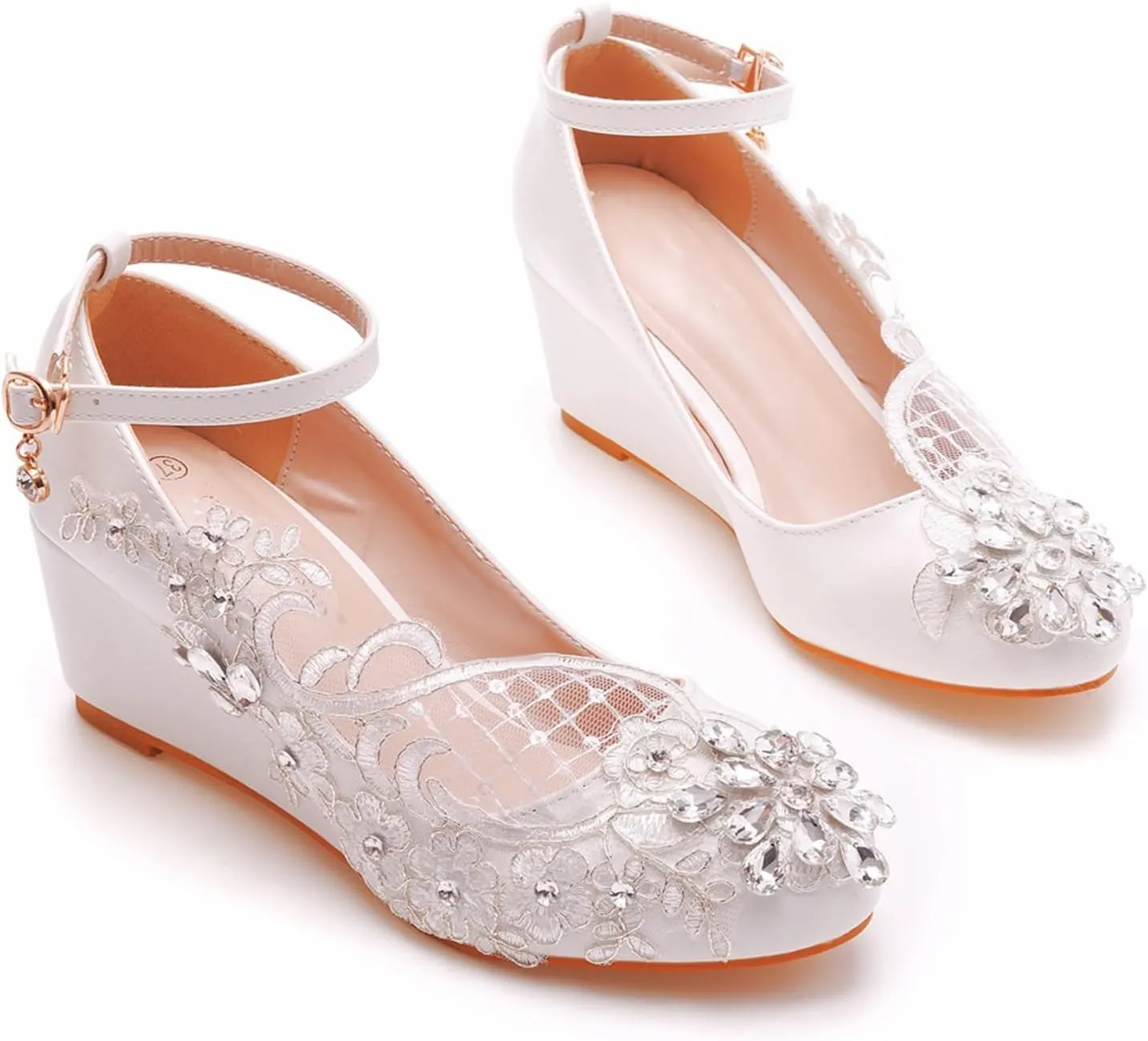 Women's High Heels, 5 Cm White Bridal Shoes Lace Flowers Wedge Heel Wedding Dress Pumps Shallow Mouth Ankle Buckle Round Toe Single Shoes, 39 EU,White