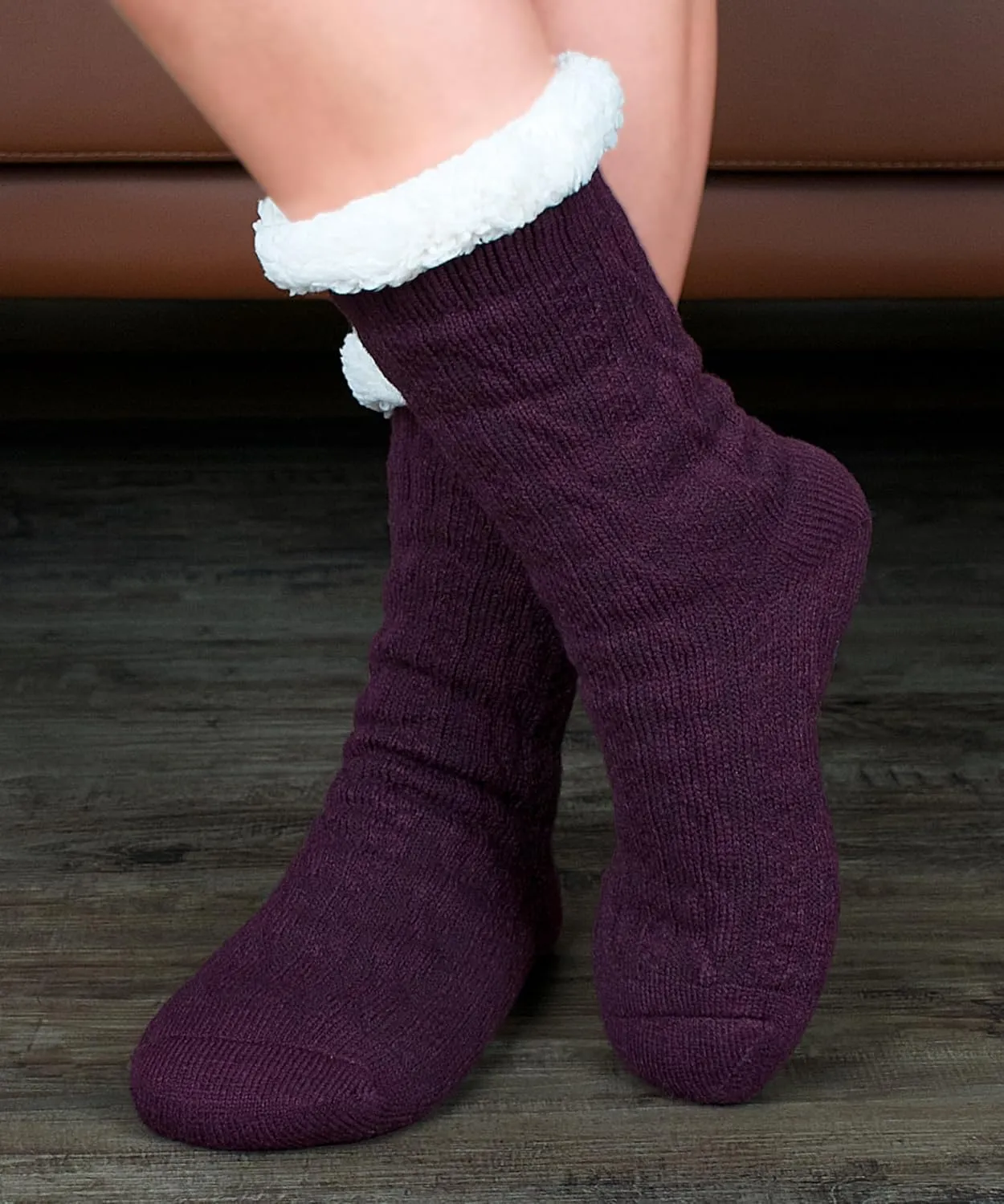 Women's Knit Slipper Socks with Non-slip Grippers, Warm Fuzzy Fluffy Sherpa Lined, Cozy Christmas Gifts