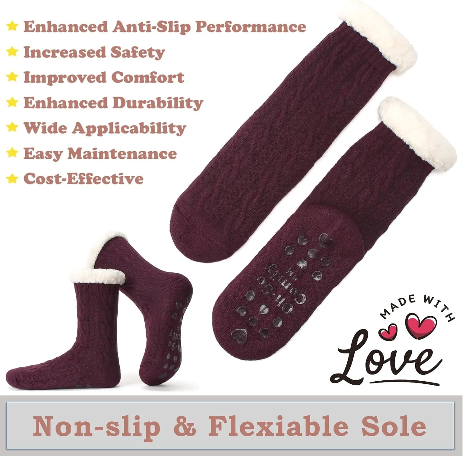 Women's Knit Slipper Socks with Non-slip Grippers, Warm Fuzzy Fluffy Sherpa Lined, Cozy Christmas Gifts