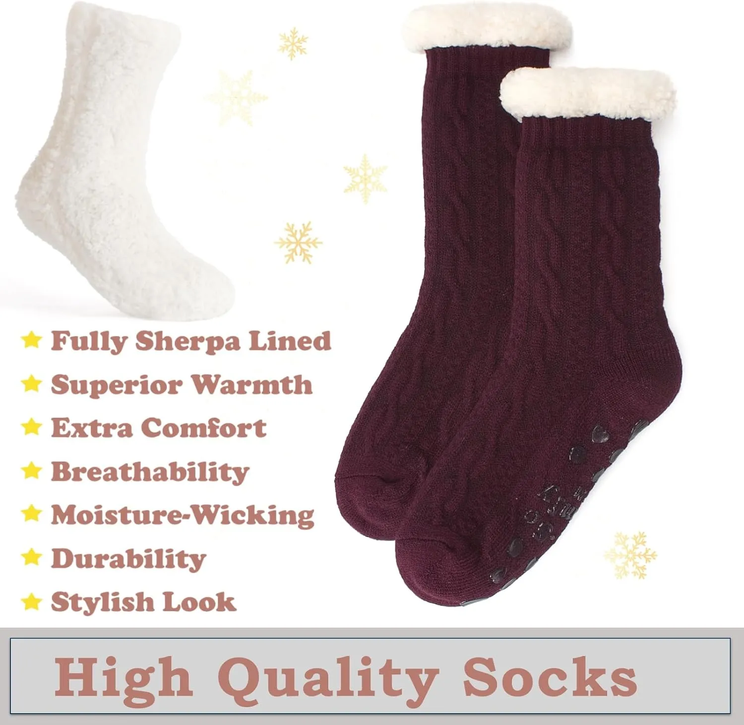 Women's Knit Slipper Socks with Non-slip Grippers, Warm Fuzzy Fluffy Sherpa Lined, Cozy Christmas Gifts
