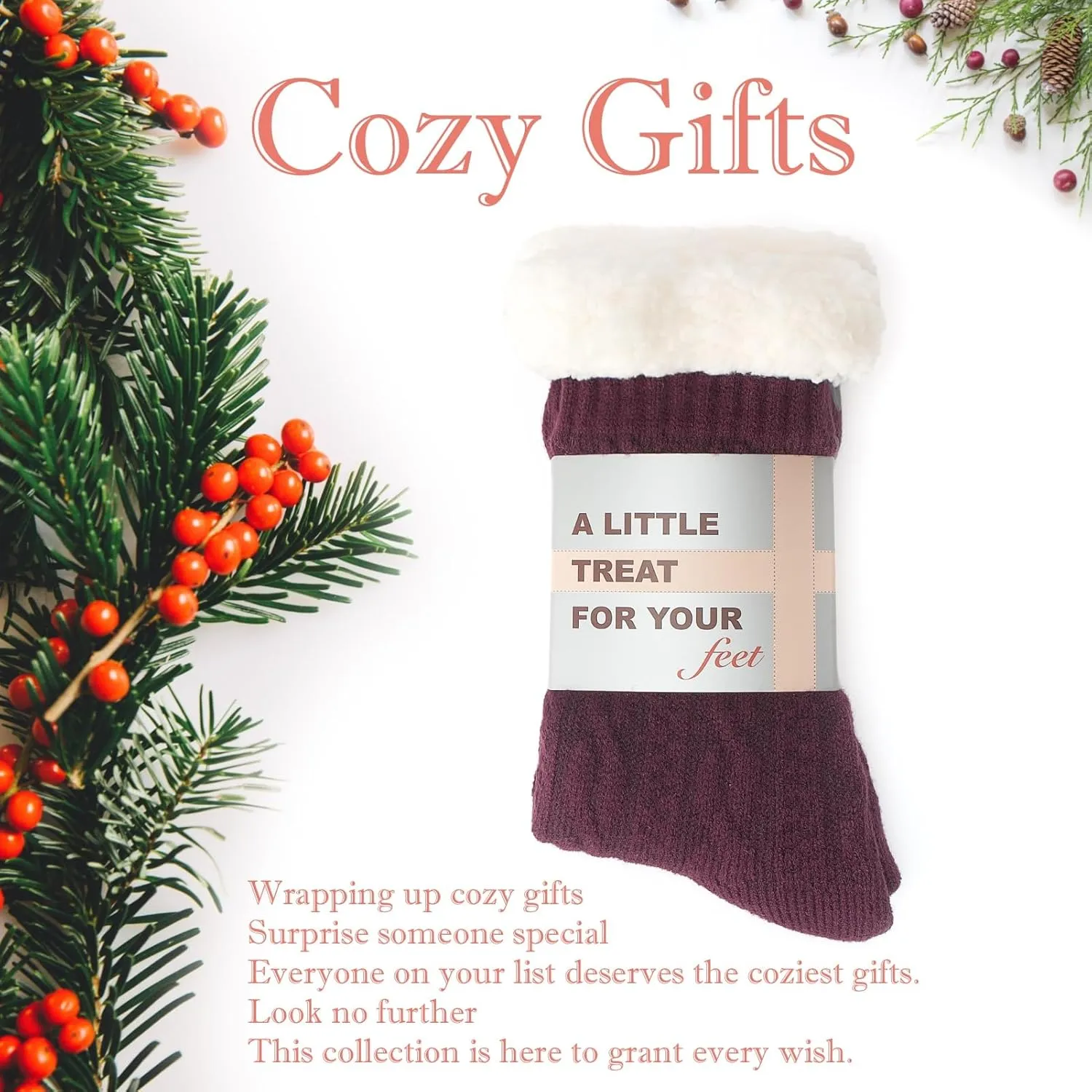 Women's Knit Slipper Socks with Non-slip Grippers, Warm Fuzzy Fluffy Sherpa Lined, Cozy Christmas Gifts