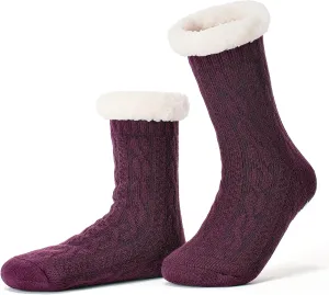 Women's Knit Slipper Socks with Non-slip Grippers, Warm Fuzzy Fluffy Sherpa Lined, Cozy Christmas Gifts