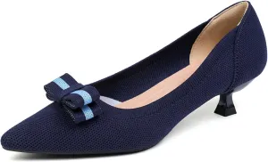 Women's Knitted Kitten Low Heels with Bow Pointed Closed Toe Slip On Comfort Pumps Casual Work Office Dress Shoes
