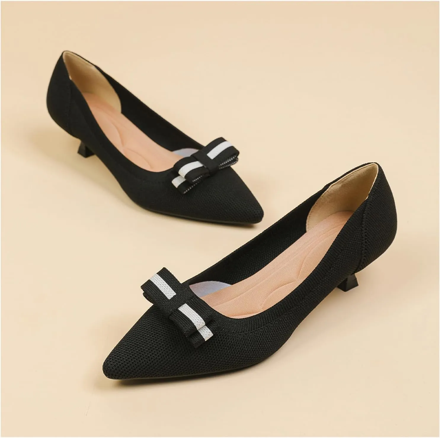 Women's Knitted Kitten Low Heels with Bow Pointed Closed Toe Slip On Comfort Pumps Casual Work Office Dress Shoes