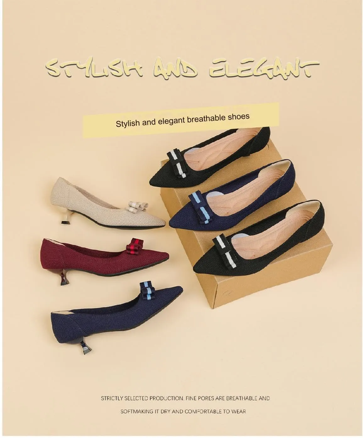 Women's Knitted Kitten Low Heels with Bow Pointed Closed Toe Slip On Comfort Pumps Casual Work Office Dress Shoes