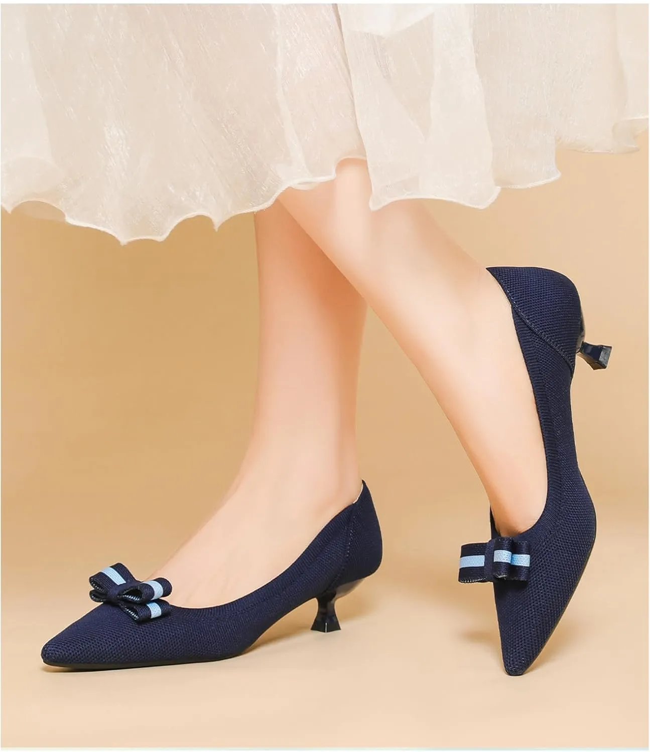 Women's Knitted Kitten Low Heels with Bow Pointed Closed Toe Slip On Comfort Pumps Casual Work Office Dress Shoes
