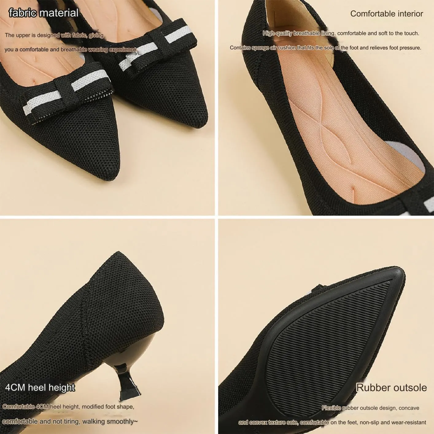 Women's Knitted Kitten Low Heels with Bow Pointed Closed Toe Slip On Comfort Pumps Casual Work Office Dress Shoes