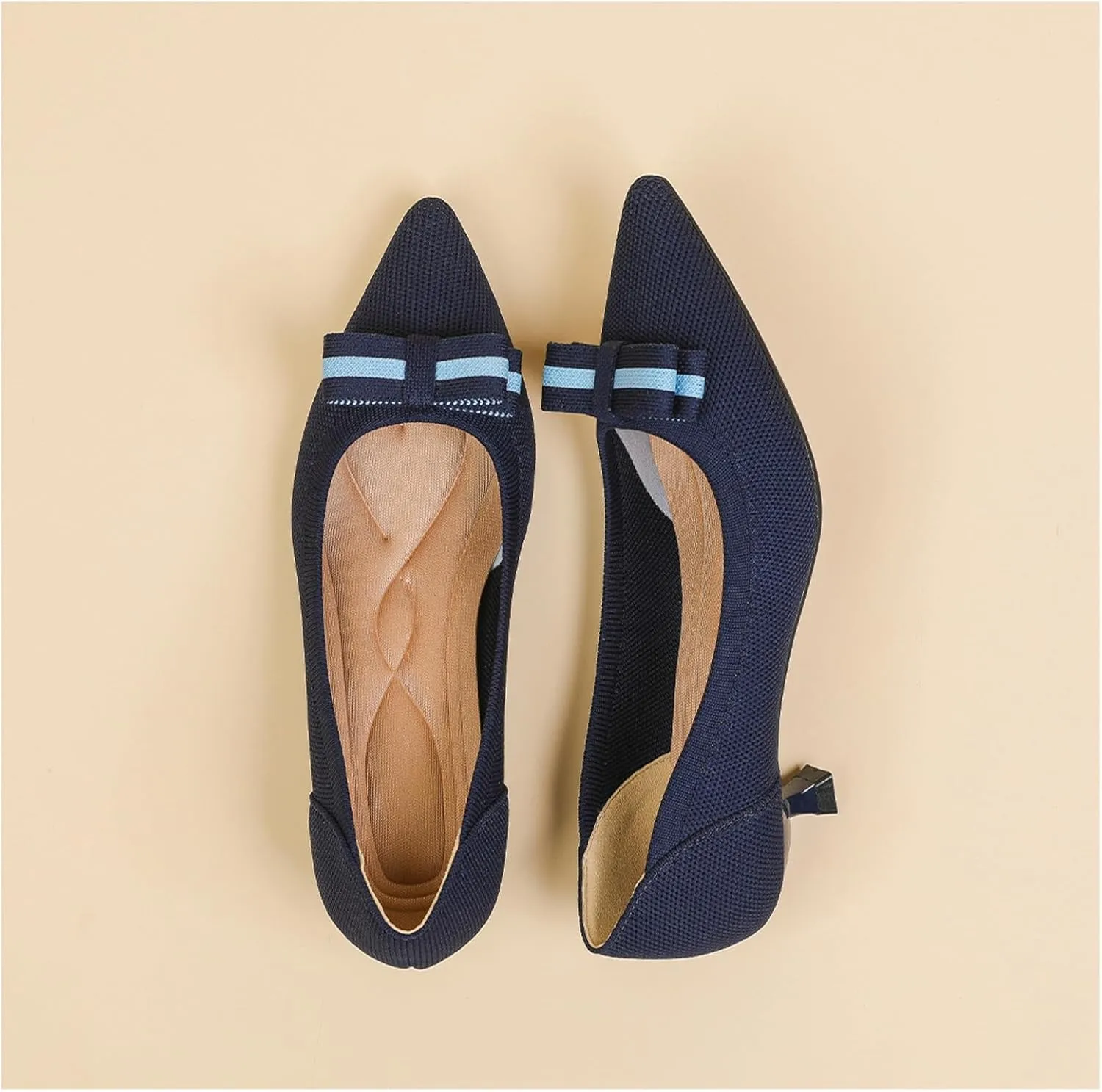 Women's Knitted Kitten Low Heels with Bow Pointed Closed Toe Slip On Comfort Pumps Casual Work Office Dress Shoes