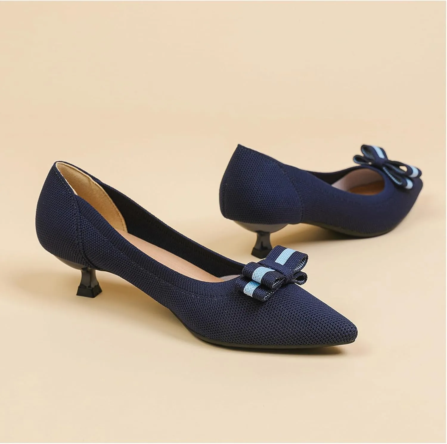 Women's Knitted Kitten Low Heels with Bow Pointed Closed Toe Slip On Comfort Pumps Casual Work Office Dress Shoes