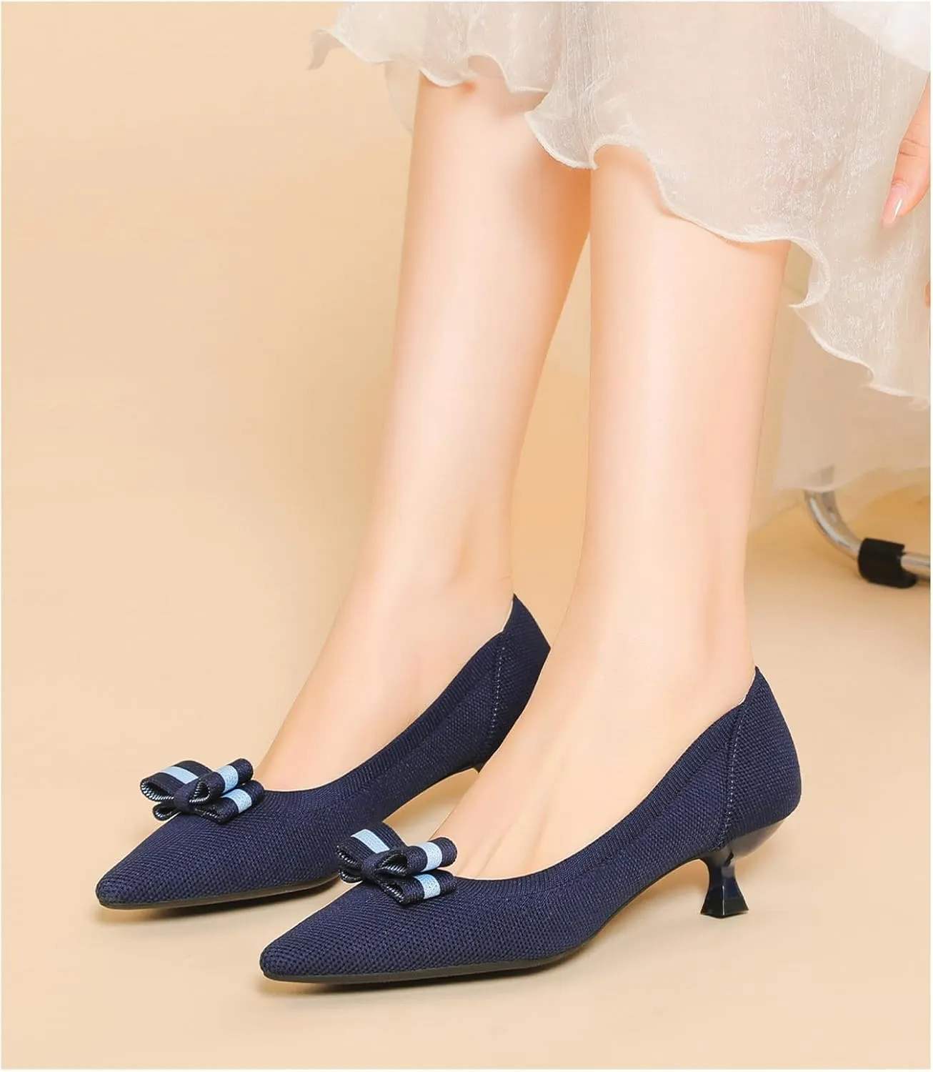 Women's Knitted Kitten Low Heels with Bow Pointed Closed Toe Slip On Comfort Pumps Casual Work Office Dress Shoes