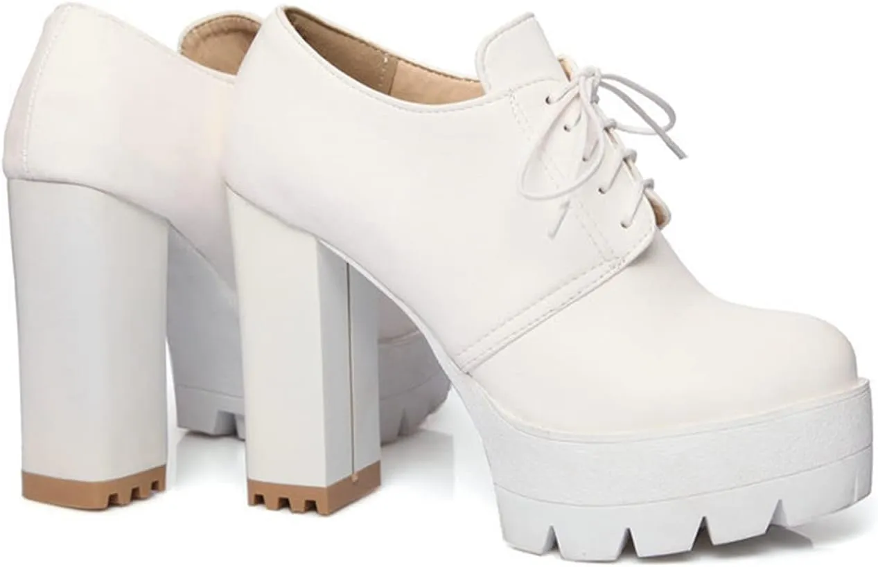 Women's Lace Up Platform Pumps Round Toe Oxfords PU Leather Slip On Block High Heel Dress Shoes