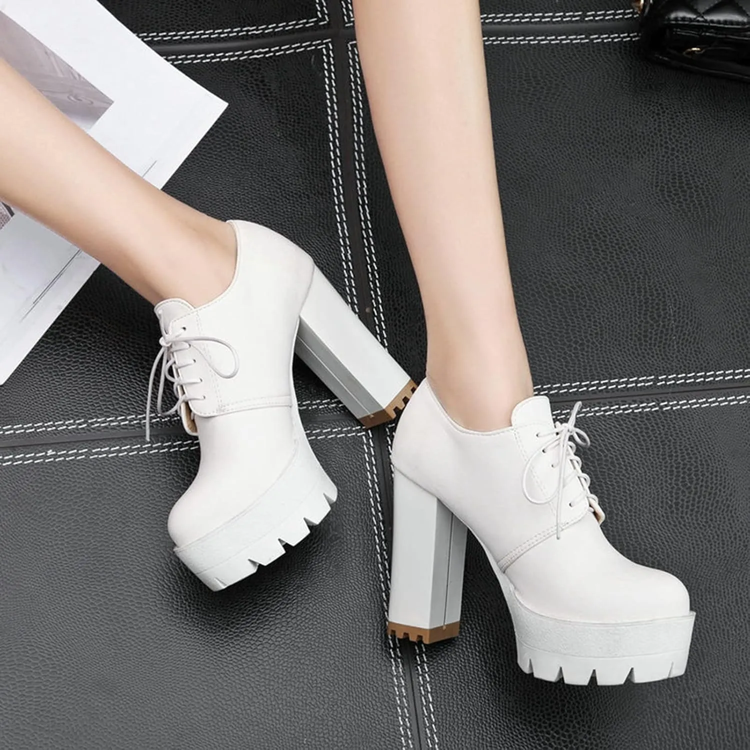 Women's Lace Up Platform Pumps Round Toe Oxfords PU Leather Slip On Block High Heel Dress Shoes