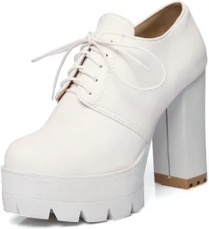 Women's Lace Up Platform Pumps Round Toe Oxfords PU Leather Slip On Block High Heel Dress Shoes