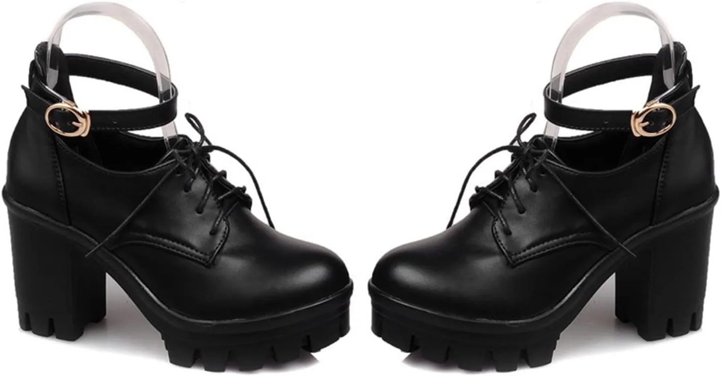 Women's Lace Up Round Toe Oxfords Pumps Ankle Buckle Strap Waterproof Chunky High Heel Platform Shoes