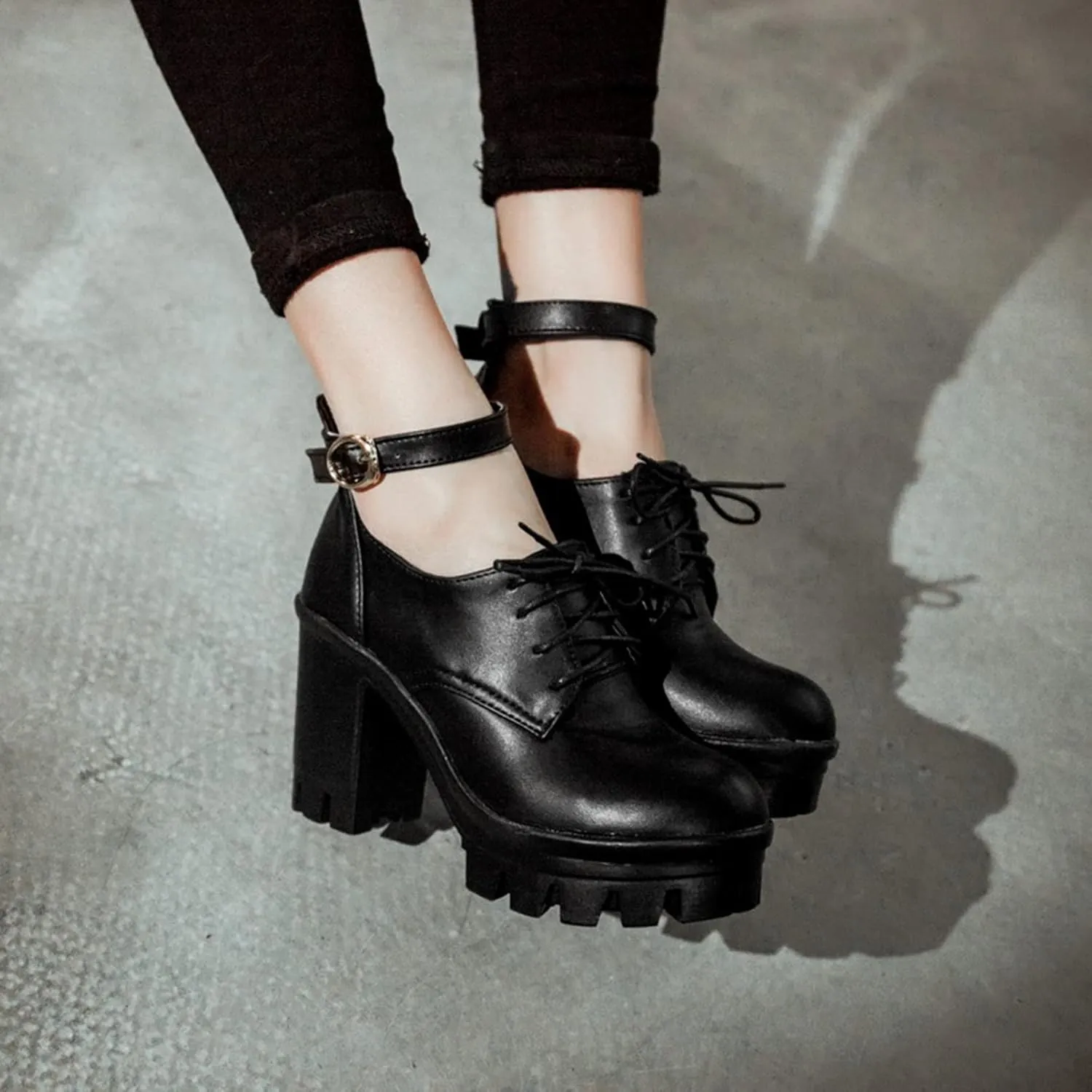 Women's Lace Up Round Toe Oxfords Pumps Ankle Buckle Strap Waterproof Chunky High Heel Platform Shoes