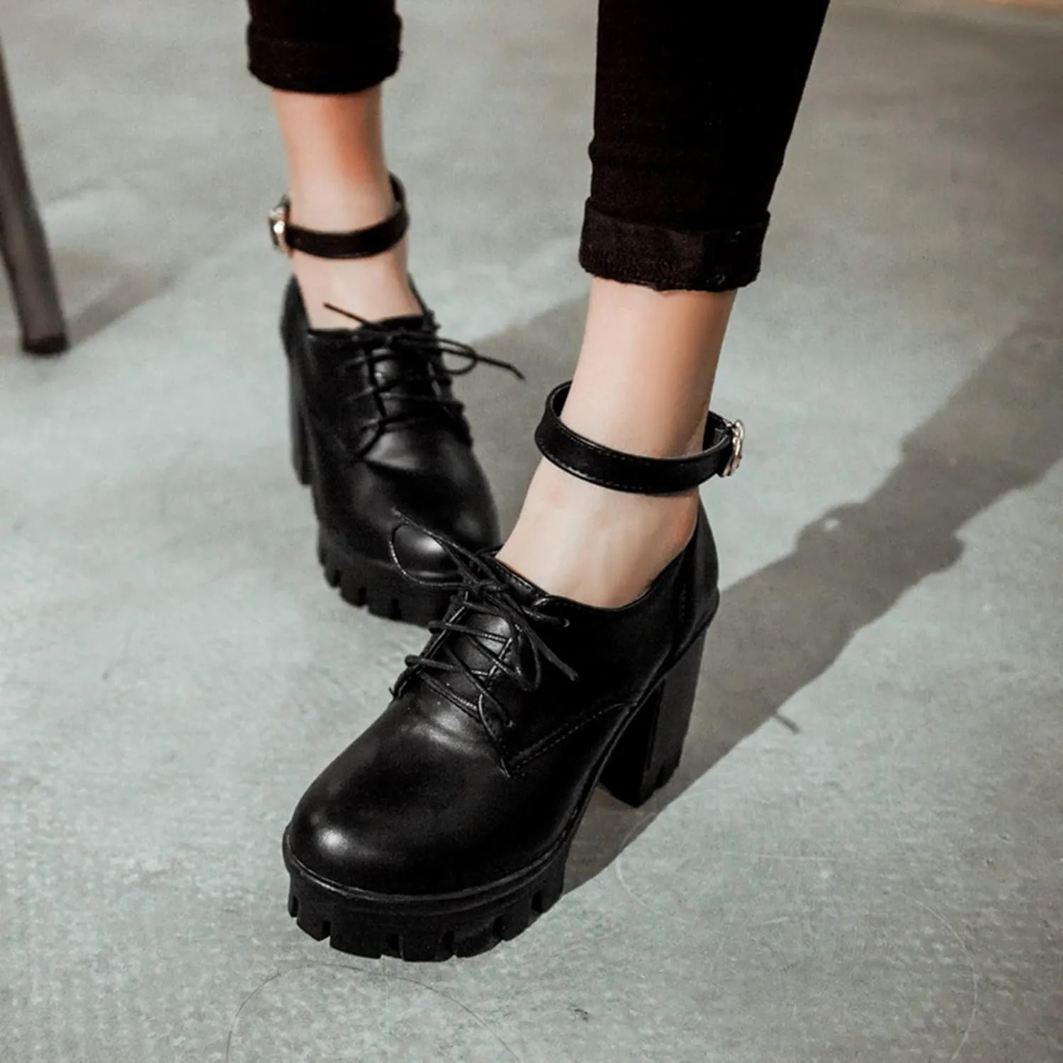 Women's Lace Up Round Toe Oxfords Pumps Ankle Buckle Strap Waterproof Chunky High Heel Platform Shoes