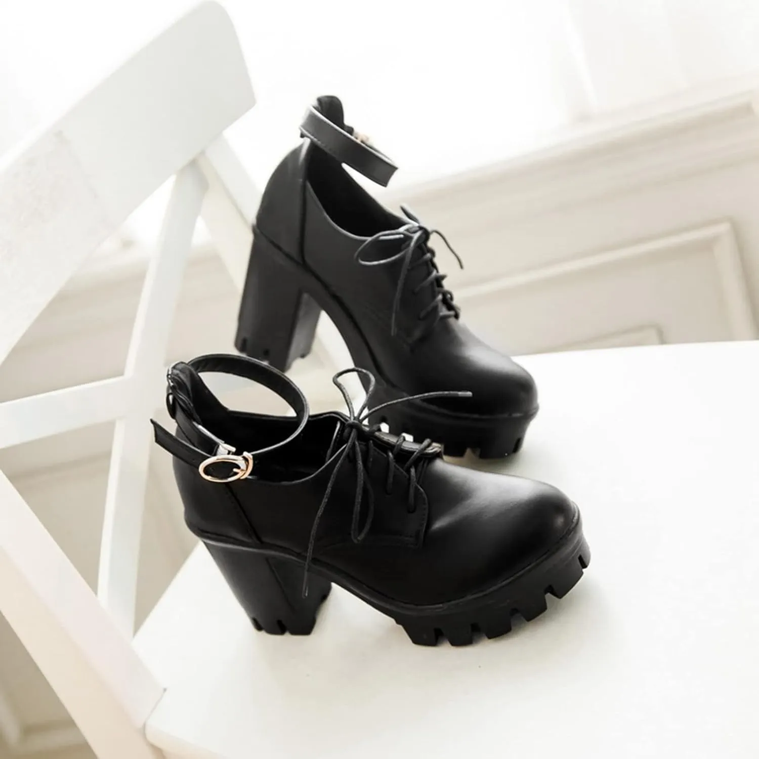 Women's Lace Up Round Toe Oxfords Pumps Ankle Buckle Strap Waterproof Chunky High Heel Platform Shoes