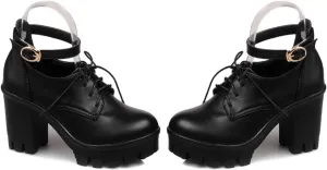Women's Lace Up Round Toe Oxfords Pumps Ankle Buckle Strap Waterproof Chunky High Heel Platform Shoes