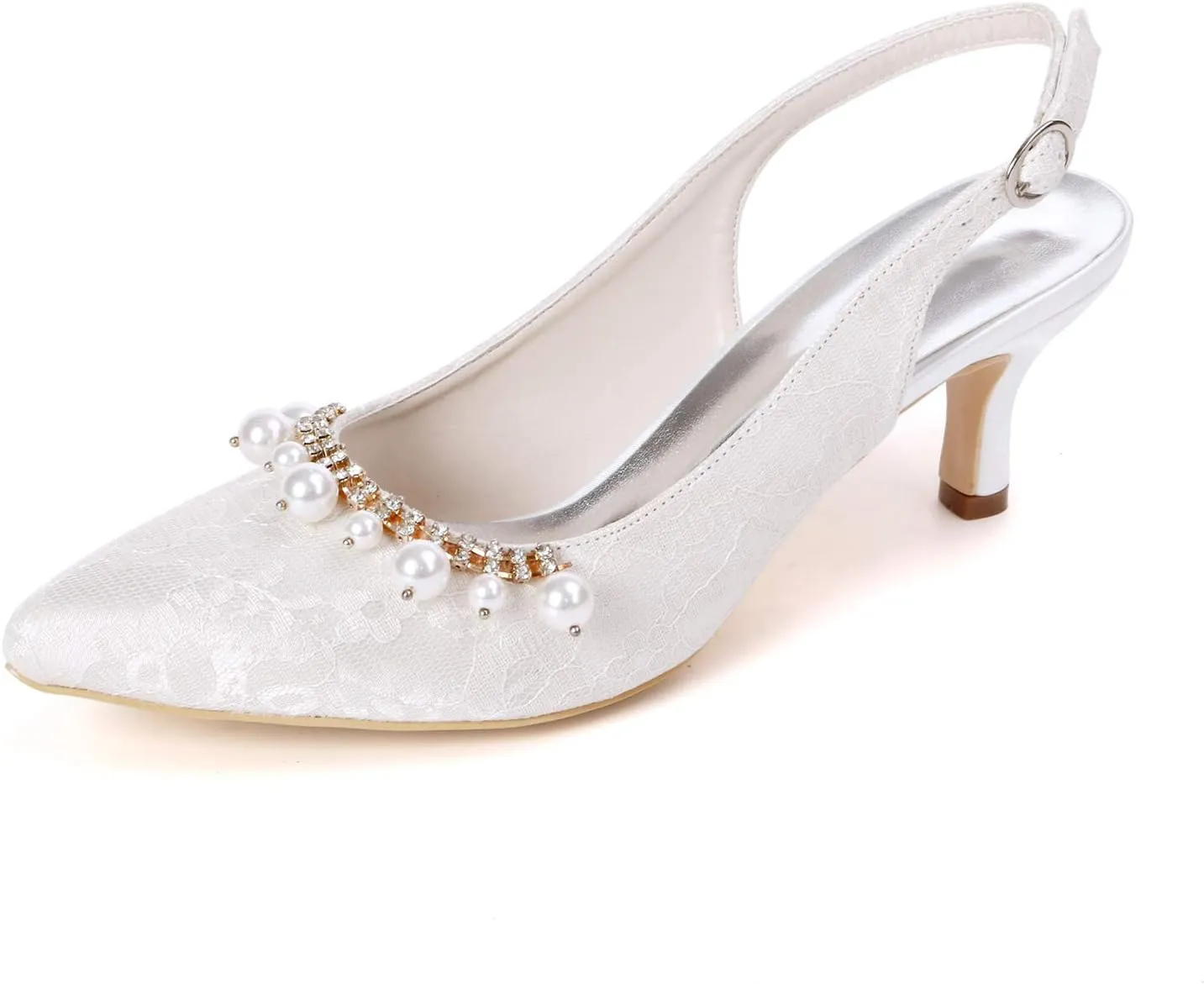 Women's Lace Wedding Shoes for Bride Low Heel Pointed Toe Bridal Shoes with Pearl Slingback Evening Party Pumps Sandals
