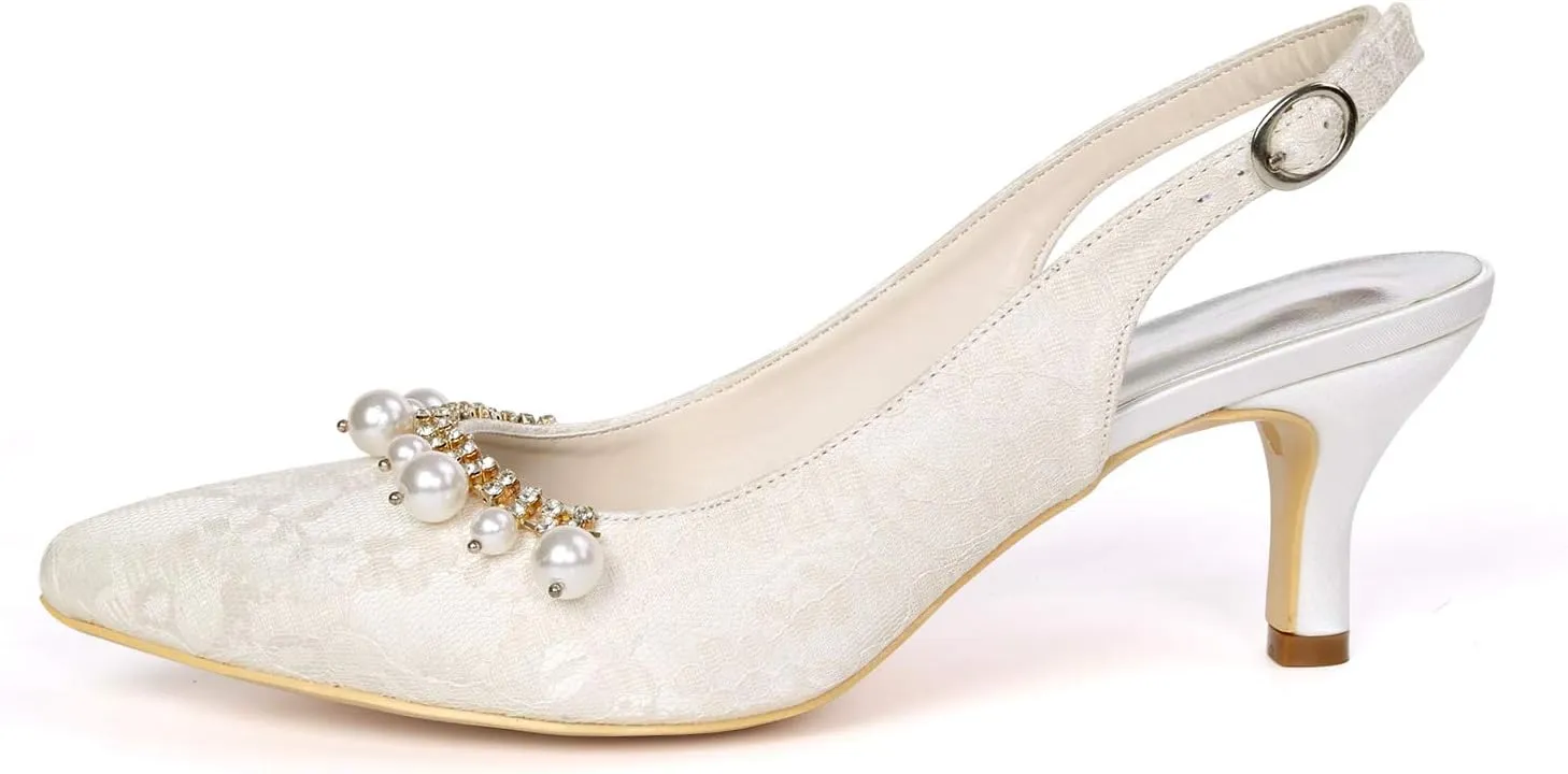Women's Lace Wedding Shoes for Bride Low Heel Pointed Toe Bridal Shoes with Pearl Slingback Evening Party Pumps Sandals